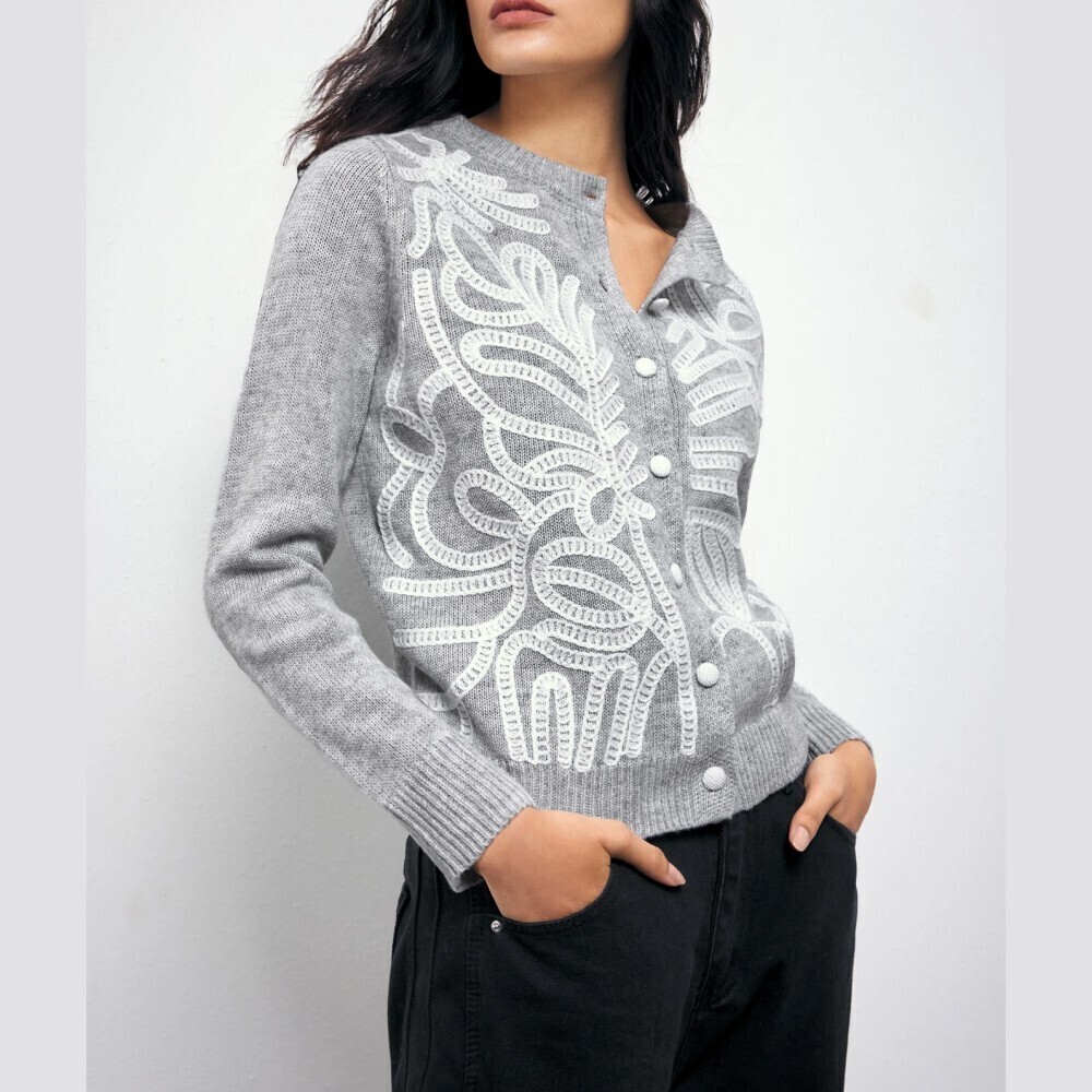 Gray Knit Cardigan with White Embroidered Swirl Applique Trim